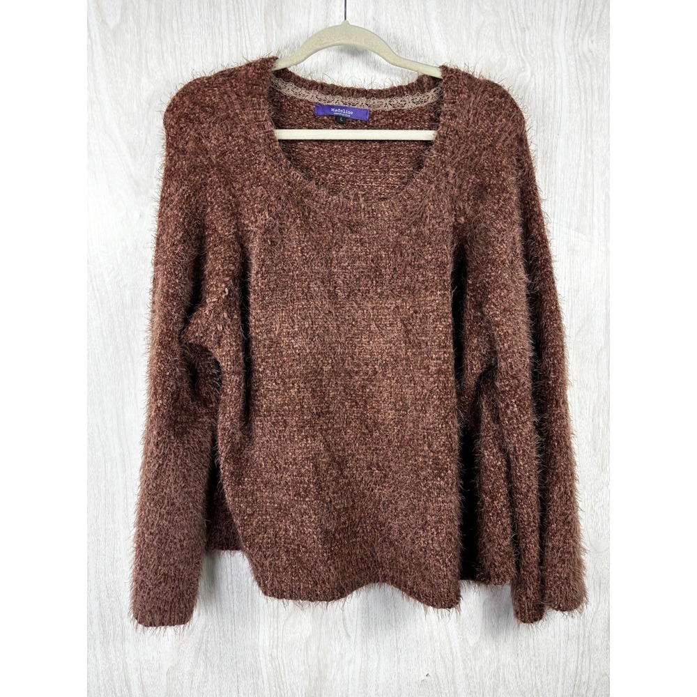 Madeline Sparklesten Sweater Womens L Rust Brown Fuzzy Soft Cozy Knit Chic
